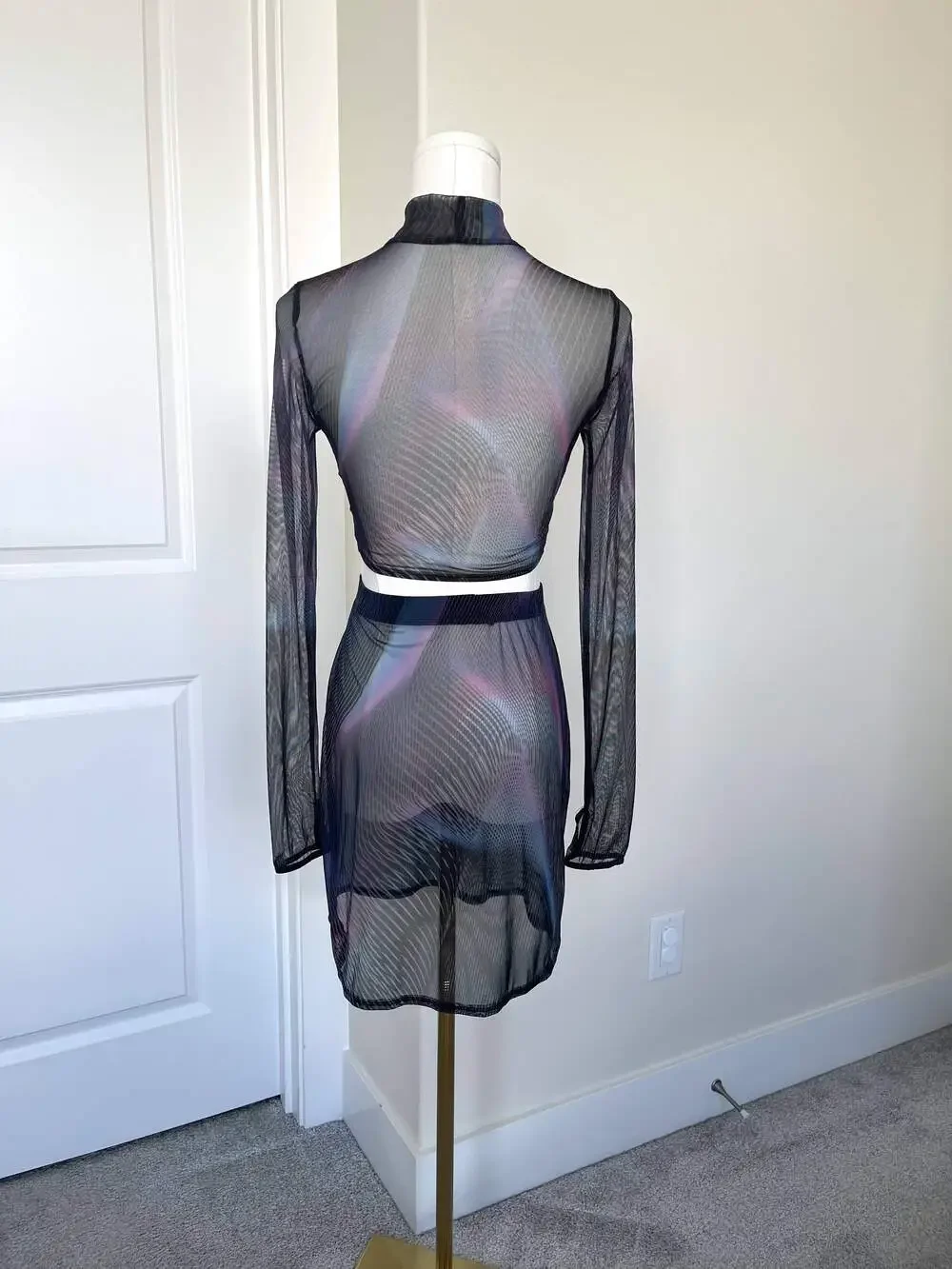 BADINKA Synth Wave Mesh Rave Set - Long Sleeve Crop Top & Mini Skirt